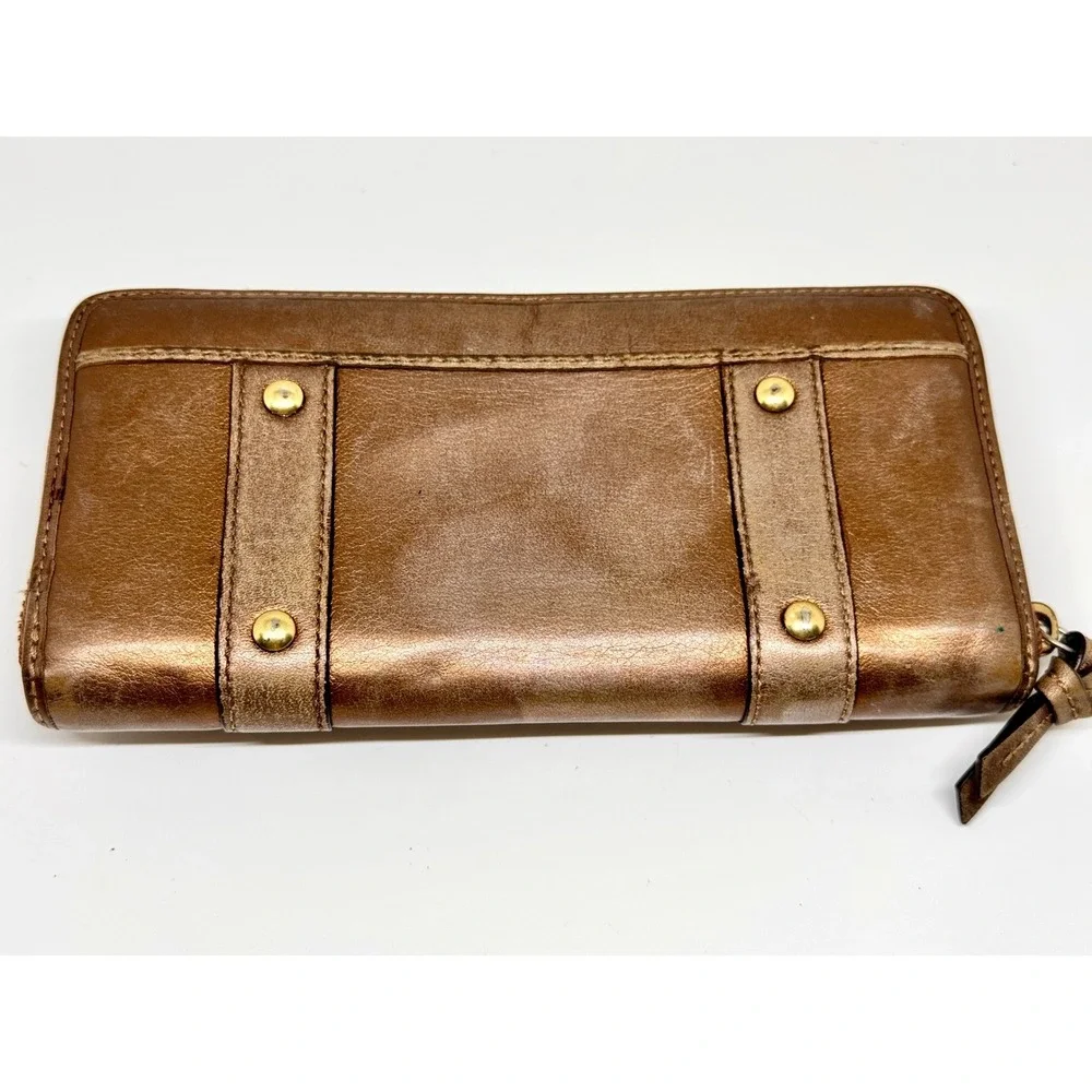 Coach Metallic Bronze Leather Zip Around Buckle Wallet Vintage Y2K Brass Logo